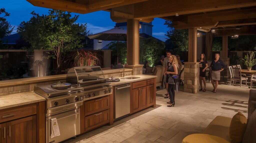 Evening entertaining scene with illuminated outdoor kitchen