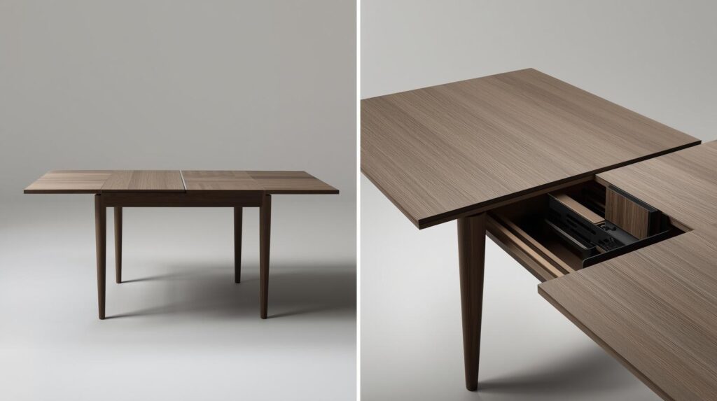 Expandable dining table in collapsed and expanded states