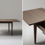 Expandable dining table in collapsed and expanded states