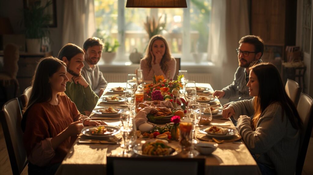 Family gathering around fully extended dining table