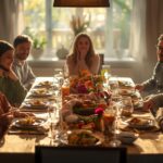 Family gathering around fully extended dining table