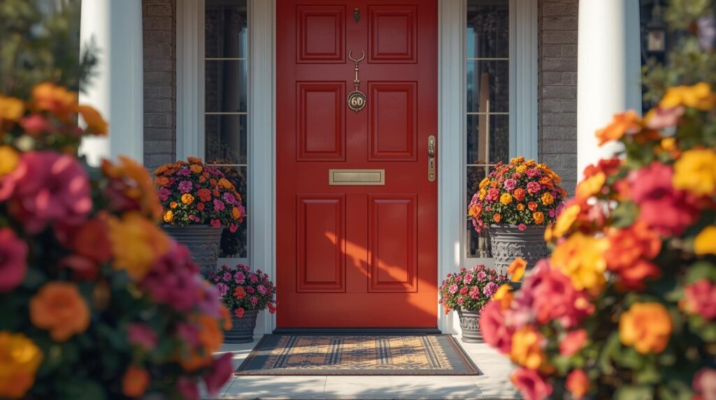 Freshly painted front door with new house numbers and flowers