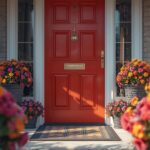 Freshly painted front door with new house numbers and flowers