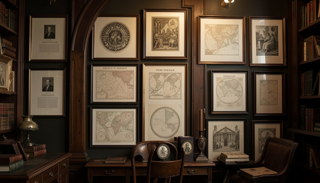 Gallery wall of academic prints, maps, and framed literature featuring dark academia interior design