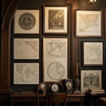 Gallery wall of academic prints, maps, and framed literature featuring dark academia interior design