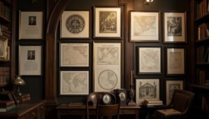 Gallery wall of academic prints, maps, and framed literature featuring dark academia interior design