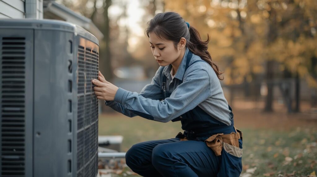 HVAC technician servicing a heating unit in fall