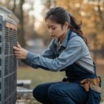 HVAC technician servicing a heating unit in fall