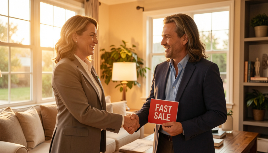 Happy homeowner and real estate agent shaking hands after accepting a fast sale offer