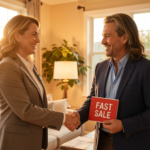 Happy homeowner and real estate agent shaking hands after accepting a fast sale offer