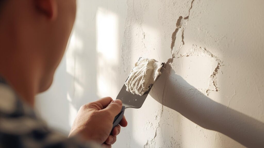 Homeowner applying joint compound to repair a drywall crack.