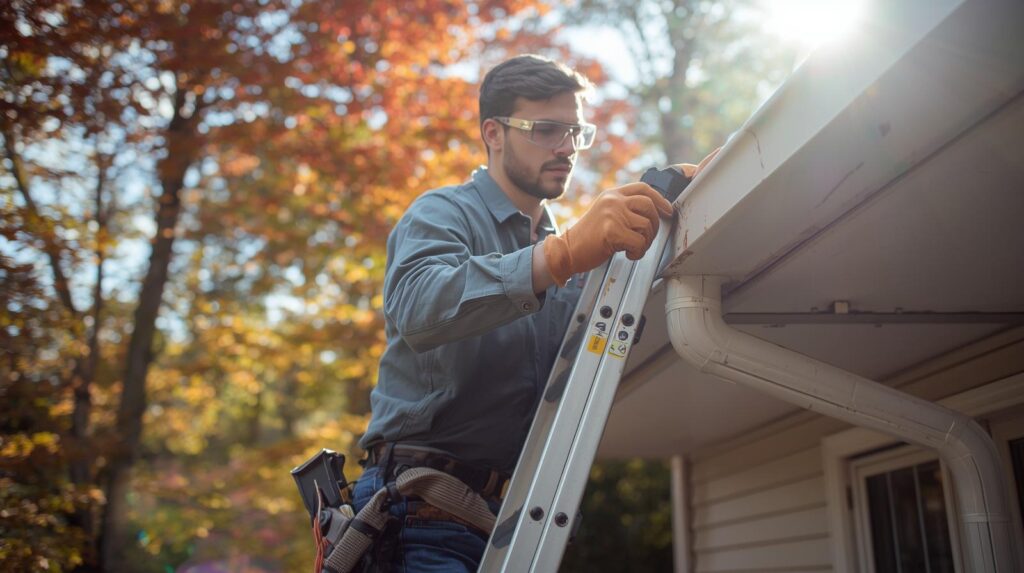 Homeowner cleaning gutters on a ladder in autumn