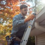 Homeowner cleaning gutters on a ladder in autumn