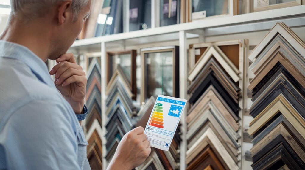 Homeowner comparing Energy Star window label ratings in a showroom, with various window frame samples displayed behind