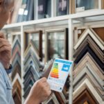 Homeowner comparing Energy Star window label ratings in a showroom, with various window frame samples displayed behind