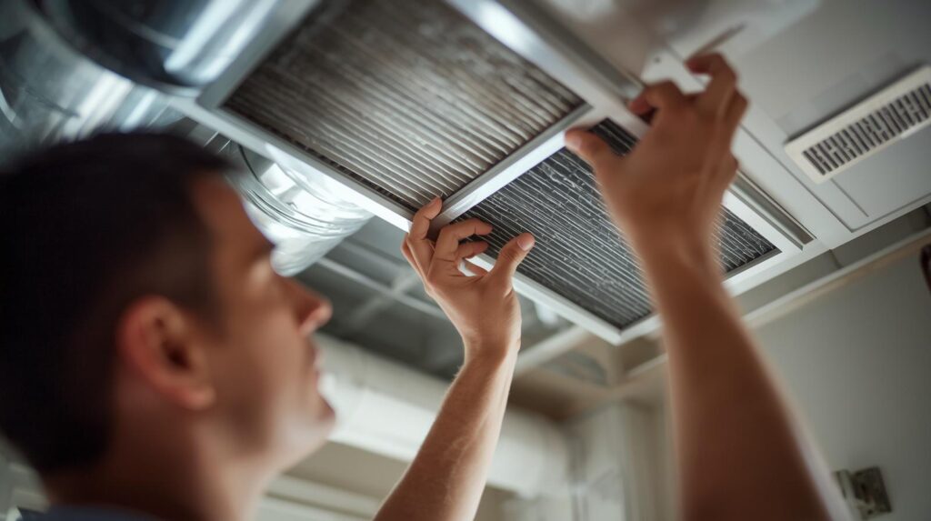 Homeowner checking HVAC filter replacement