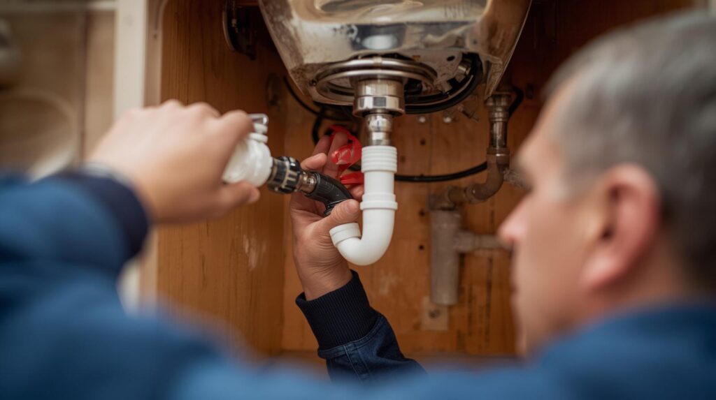 Homeowner inspecting pipes under sink for leaks