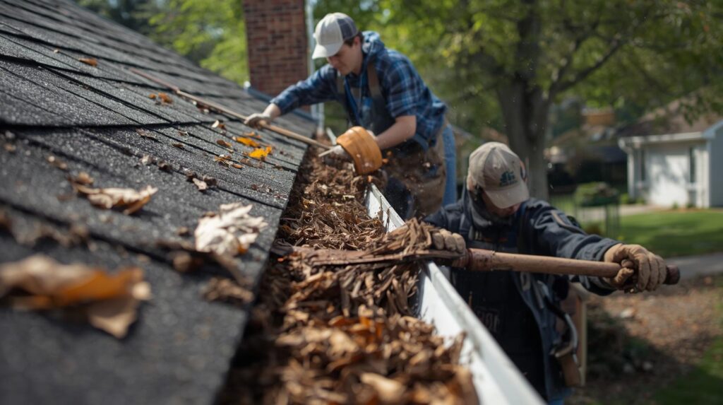 Gutters being cleaned to prevent overflow