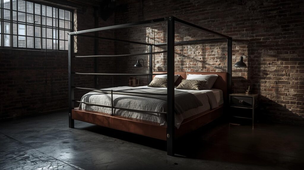 Industrial style bedroom lighting with boxing bed