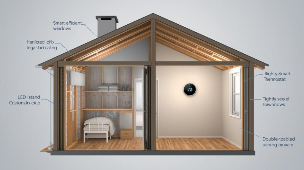 Infographic-style photo of a house cross-section showing energy efficiency improvements: insulation, LED lighting, smart thermostat, and sealed windows