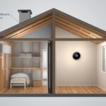 Infographic-style photo of a house cross-section showing energy efficiency improvements_ insulation, LED lighting, smart thermostat, and sealed windows