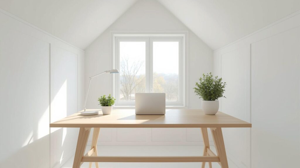 Interior minimalist office shed with desk setup