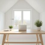 Interior minimalist office shed with desk setup
