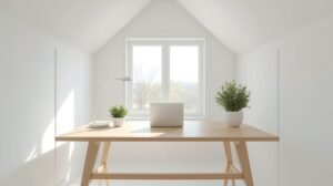 Interior minimalist office shed with desk setup