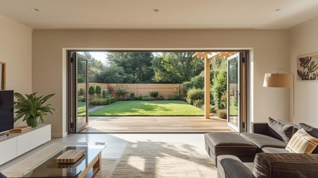  Interior view of open-plan living space with folding glass doors creating seamless indoor-outdoor flow to garden deck