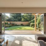Interior view of open-plan living space with folding glass doors creating seamless indoor-outdoor flow to garden deck