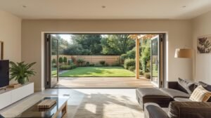 Interior view of open-plan living space with folding glass doors creating seamless indoor-outdoor flow to garden deck