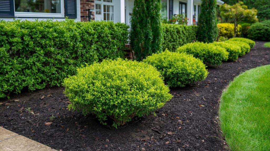 Landscaped front yard with trimmed bushes and fresh mulch
