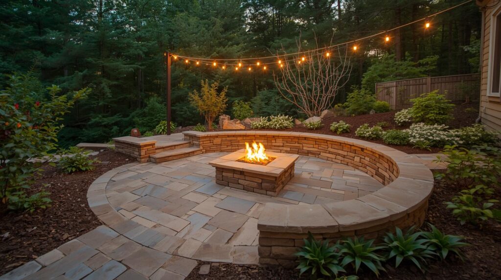 Landscaped patio featuring natural stone pavers, native garden planting, fire pit seating area and string lights