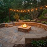 Landscaped patio featuring natural stone pavers, native garden planting, fire pit seating area and string lights