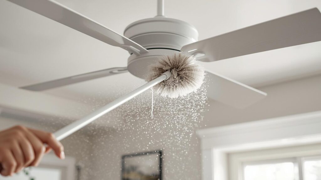 Living room dust removal from ceiling fan