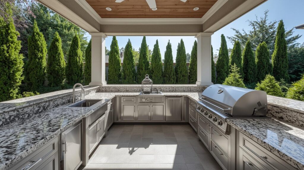 Luxurious outdoor kitchen with professional appliances and stone counters
