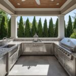 Luxurious outdoor kitchen with professional appliances and stone counters