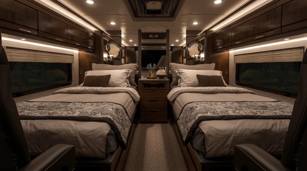 Luxury sleeper truck interior with two bedrooms