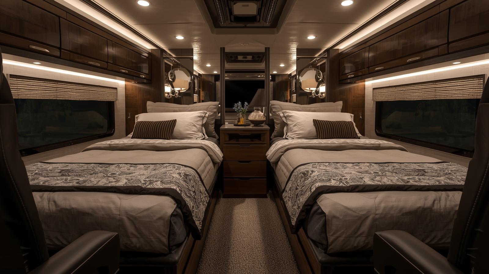 Luxury sleeper truck interior with two bedrooms