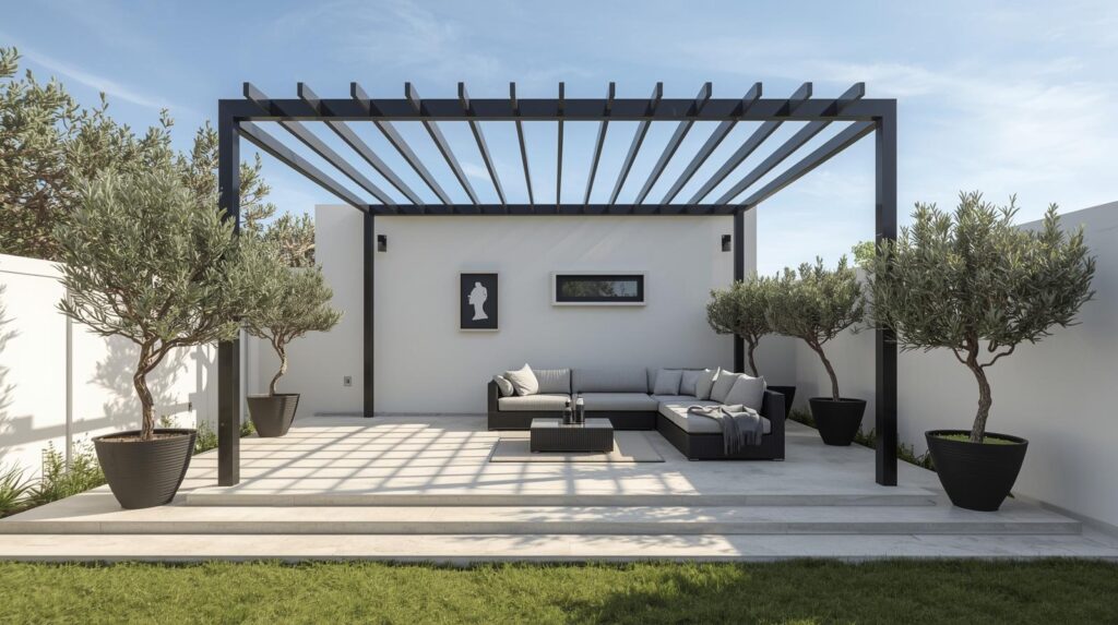 Minimalist 2026 patio with polished concrete floor, black steel pergola frame, outdoor sofa and potted olive trees