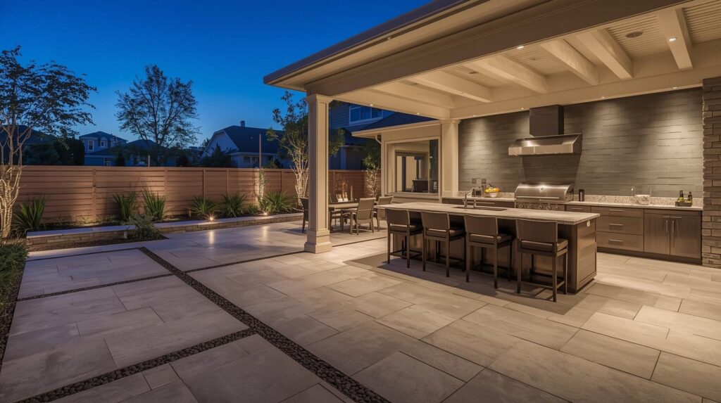 Modern 2026 patio design with large format concrete pavers, built-in outdoor kitchen, pergola and ambient lighting