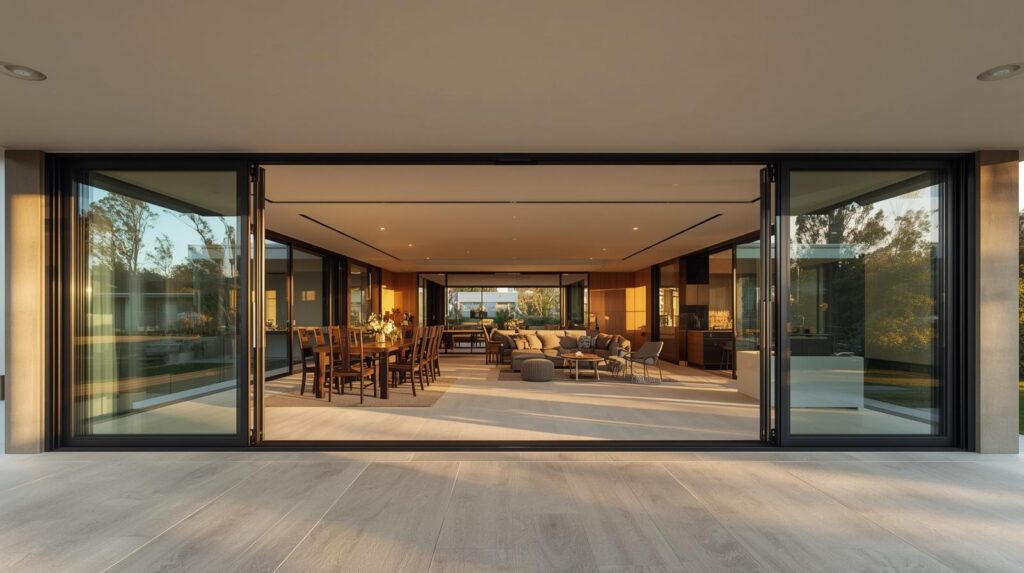 Modern Australian home with wide folding glass doors fully open connecting living room to alfresco entertaining area
