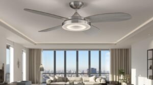 Modern ceiling fan installed in contemporary living room