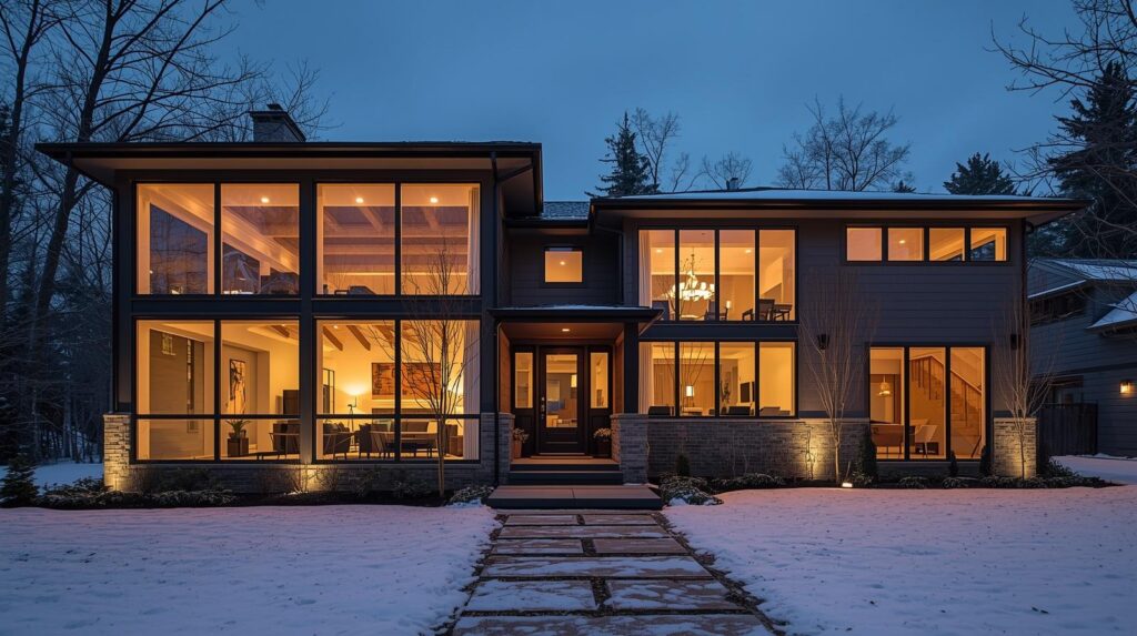 Modern home exterior with large triple-pane energy-efficient windows, showing frost-free glass in winter with warm interior lighting