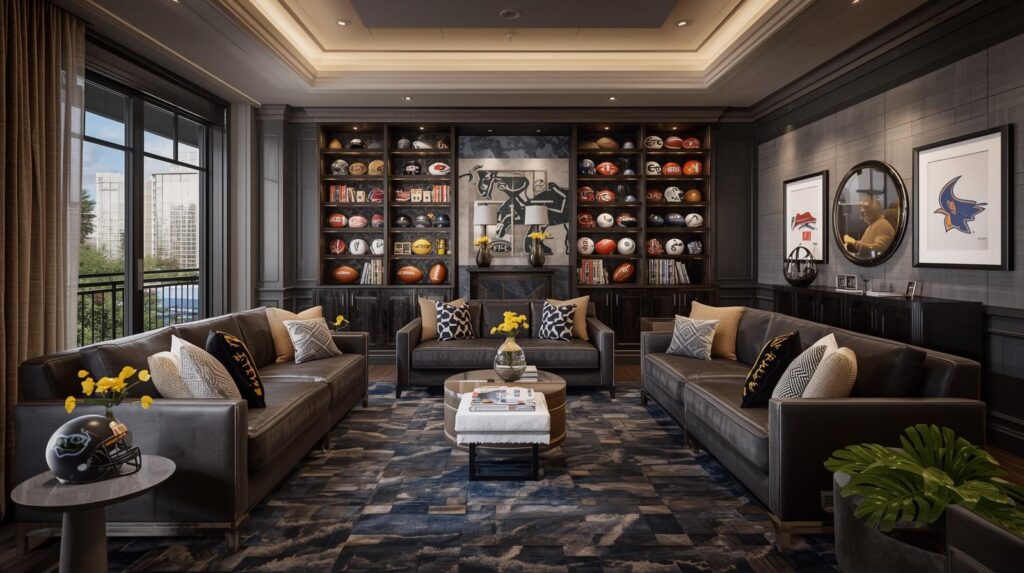 Modern luxury room with sports-themed decor