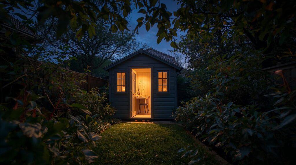 Night view of illuminated garden office shed