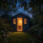 Night view of illuminated garden office shed