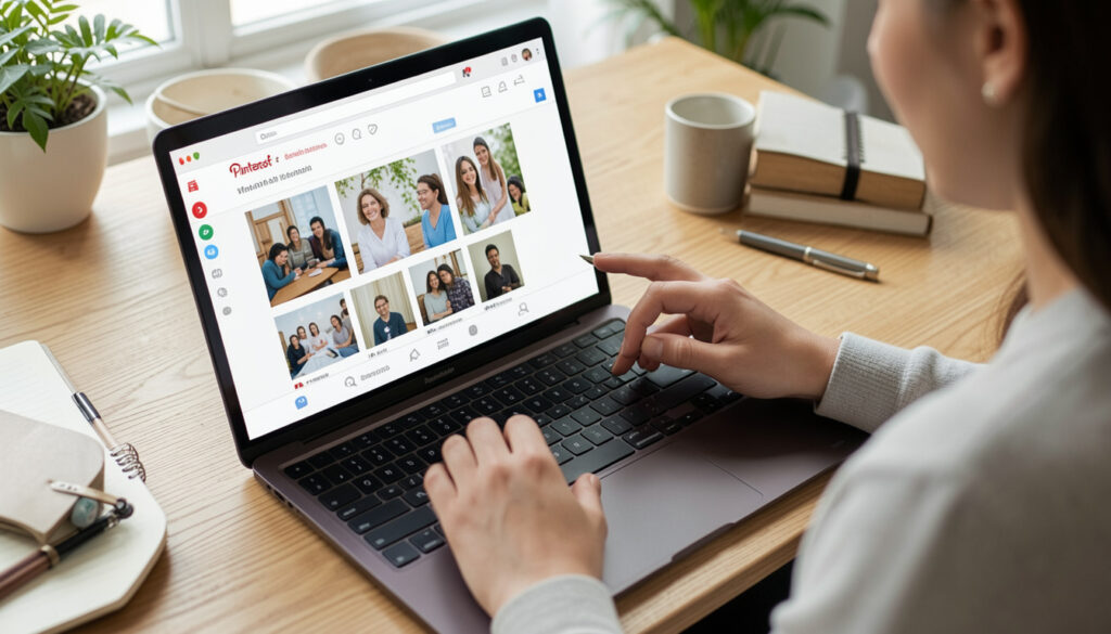  Person reviewing a mood board or Pinterest board on a laptoptablet]