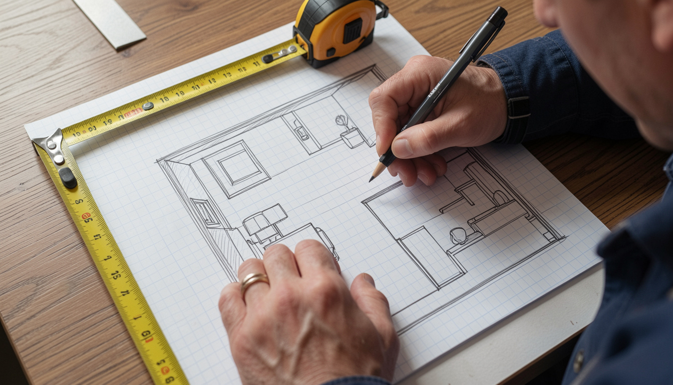 Person sketching a room layout on graph paper with a tape measure nearby
