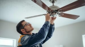 Professional electrician installing ceiling fan